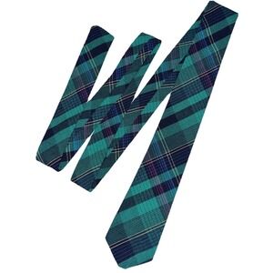 Vintage Teen Necktie Handmade Plaid Skinny Green Blue Black Yellow Red 2.5x51 in